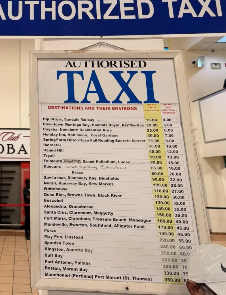 Montego Bay Sangster International Airport Authorized Taxi Prices Rate Board